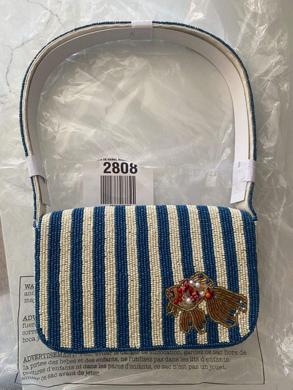 Anthropologie Fiona Goldfish Blue and White Beaded Shoulder Bag - Picture 2 of 2
